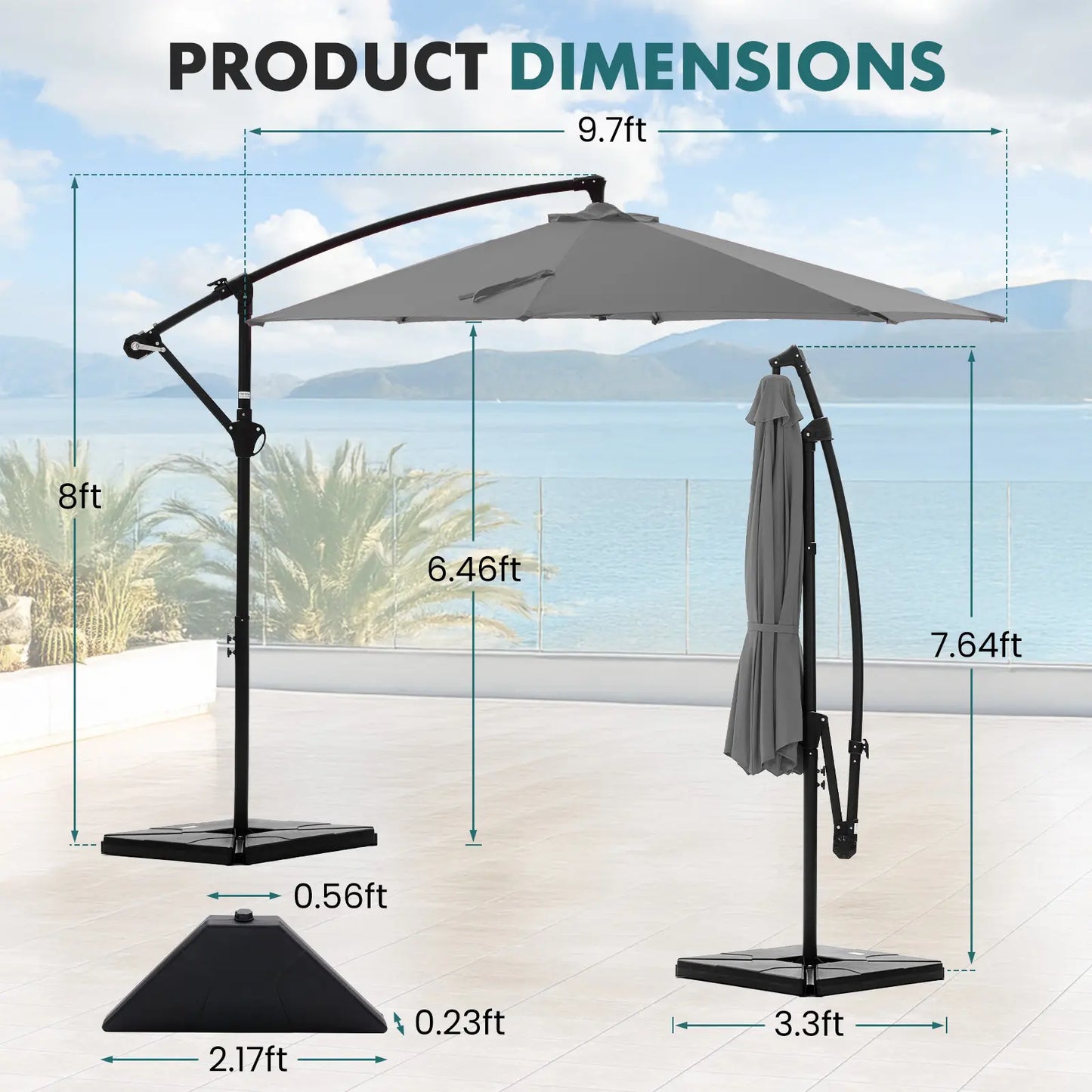 10Ft Offset Outdoor Patio Umbrella with Base, Easy Tilt & Crank, Adjustable Polyester Shade for Garden, Backyard, Poolside