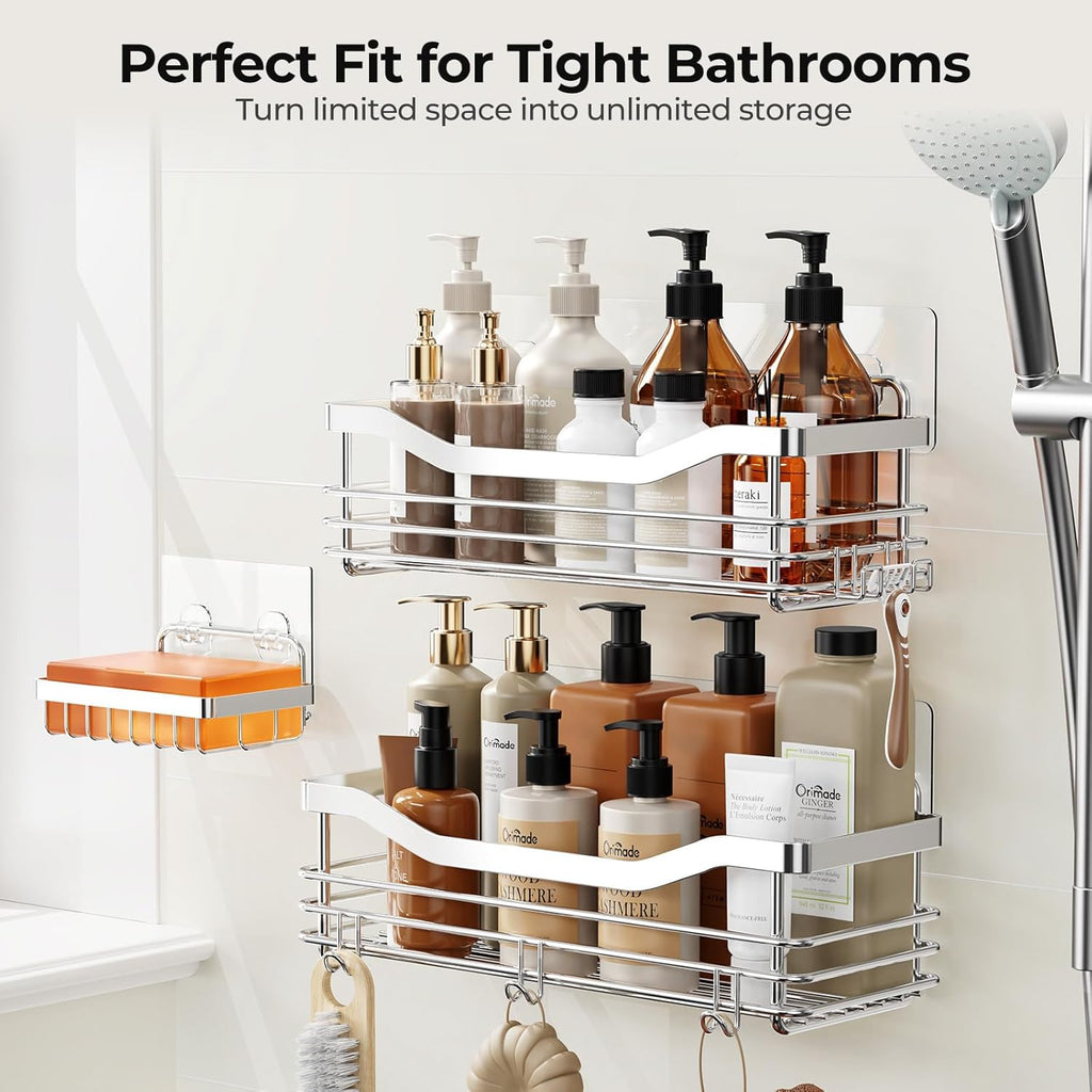 Shower Caddy Basket with Soap Dish Holder and 5 Hooks - Wall-Mounted Adhesive Bathroom Organizer Shelf, Rustproof SUS304 Stainless Steel - Set of 3