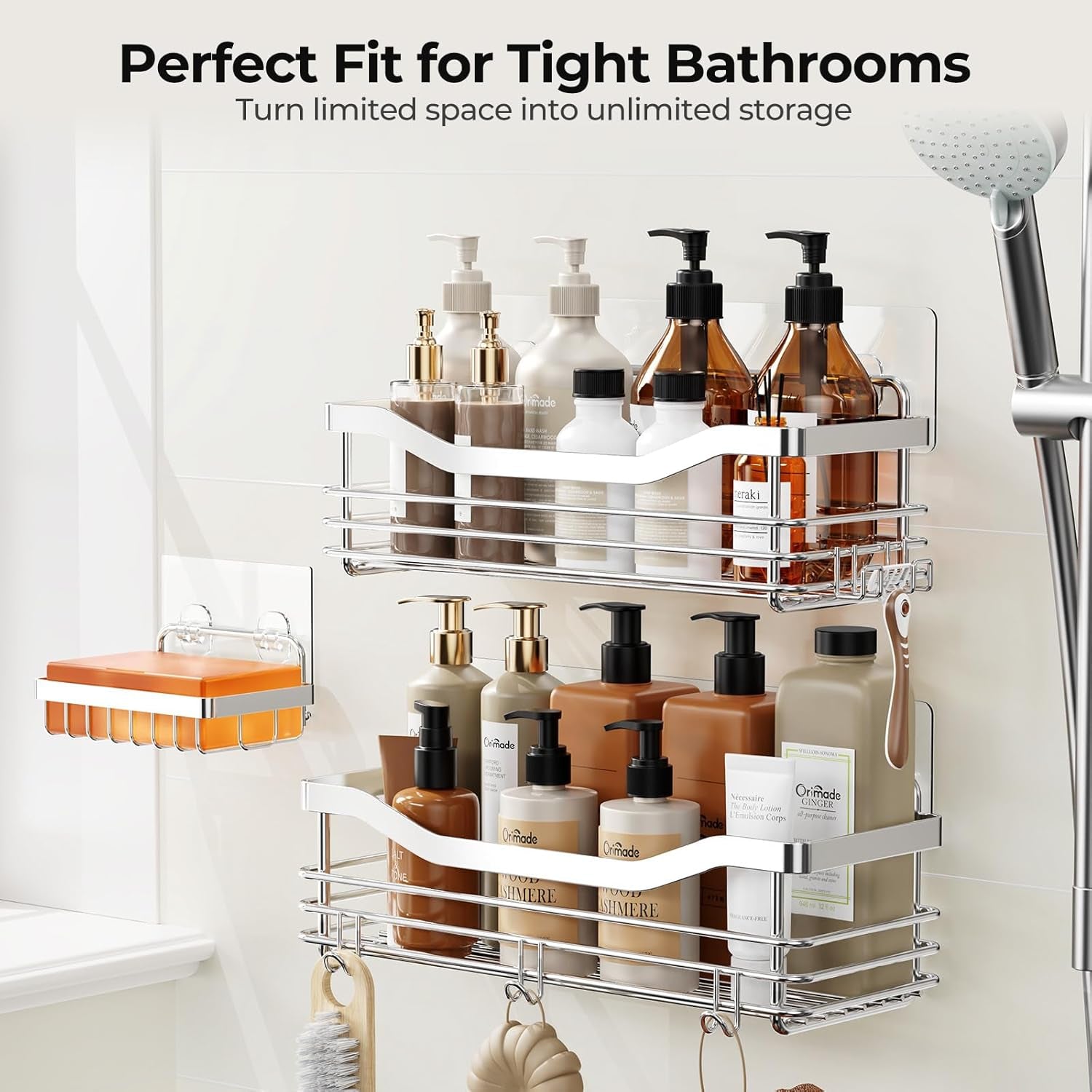 Shower Caddy Basket with Soap Dish Holder and 5 Hooks - Wall-Mounted Adhesive Bathroom Organizer Shelf, Rustproof SUS304 Stainless Steel - Set of 3