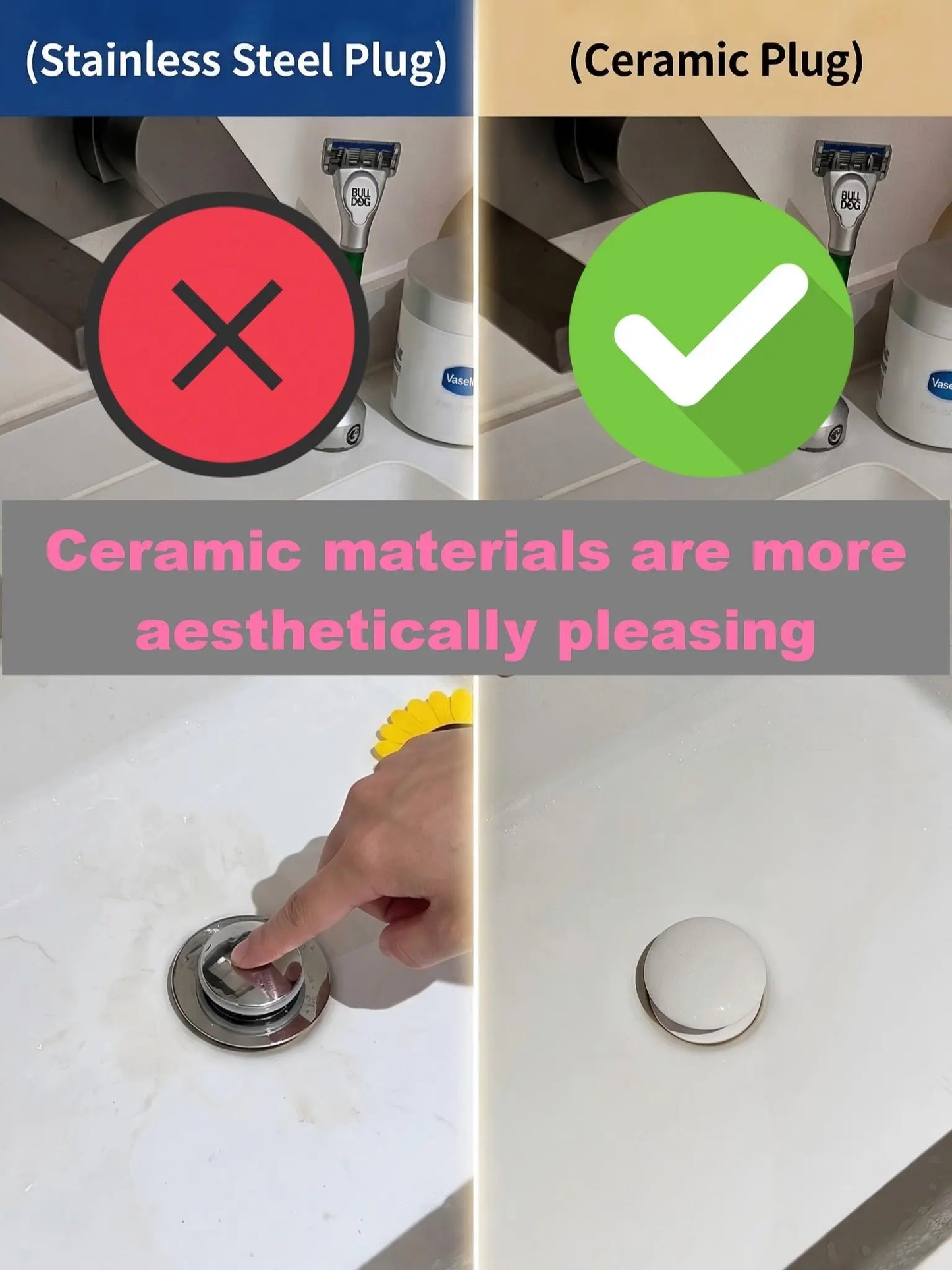 Ceramic Bathroom Sink Stopper Hair Catcher, Universal Pop-Up Sink Drain Filter with Filter Basket, Sink Bounce Stopper
