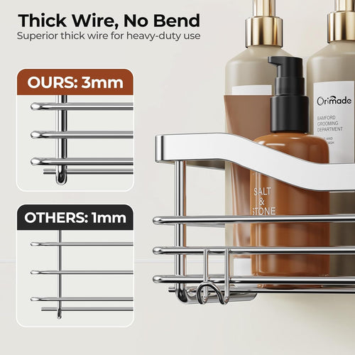 Shower Caddy Basket with Soap Dish Holder and 5 Hooks - Wall-Mounted Adhesive Bathroom Organizer Shelf, Rustproof SUS304 Stainless Steel - Set of 3