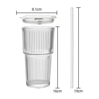 Luxory Glass Cup 18Oz (540Ml) Thickened Ribbed Glass Tumbler Set| with Lids & Straws| for Coffee, Smoothies & More