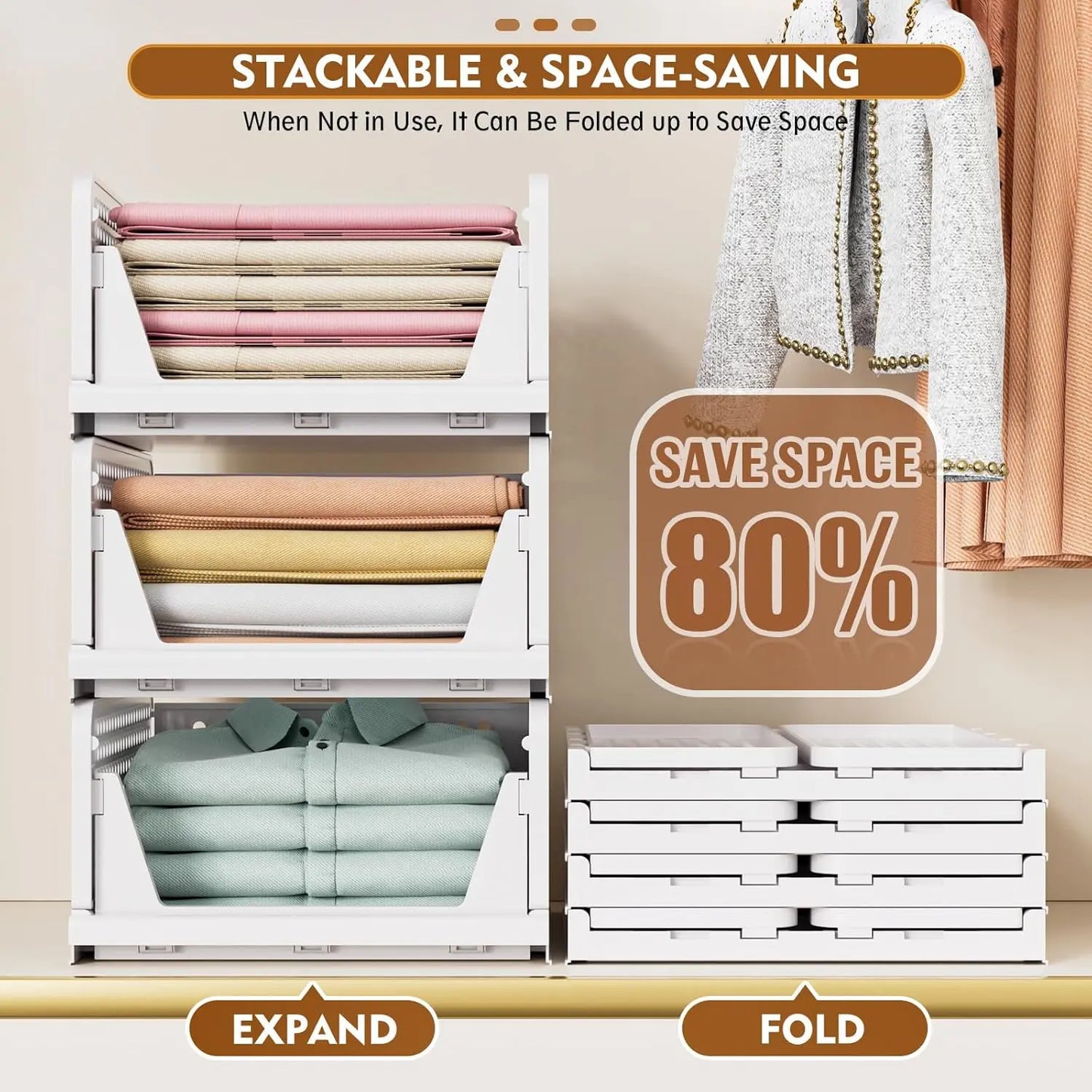5 Pack Stackable Wardrobe Organizer Baskets, Pull-Out Drawer Design for Clothes, Pantry & Bathroom Organization