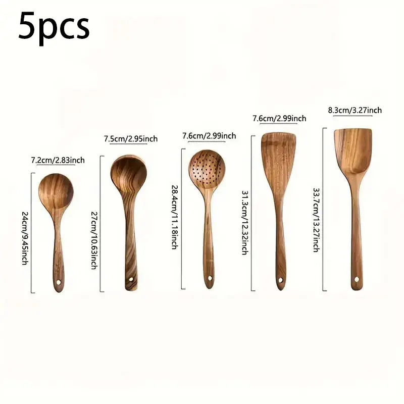 5Piece Premium Wood Kitchenware Set with Ergonomic Handles Purely Natural Eco-Friendly Material- Includes Spoon, Tablespoon and Sauté Spatula