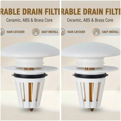 Ceramic Bathroom Sink Stopper Hair Catcher, Universal Pop-Up Sink Drain Filter with Filter Basket, Sink Bounce Stopper