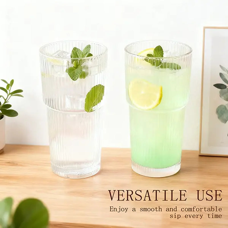 Luxory Glass Cup 18Oz (540Ml) Thickened Ribbed Glass Tumbler Set| with Lids & Straws| for Coffee, Smoothies & More