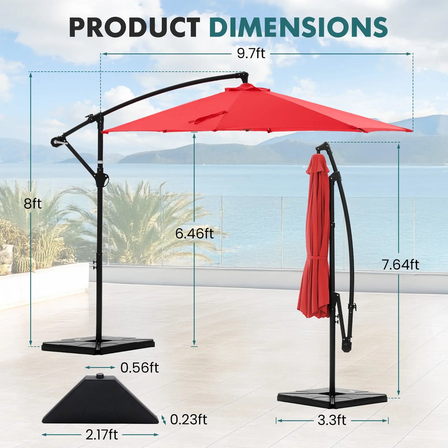 10Ft Offset Outdoor Patio Umbrella with Base, Easy Tilt & Crank, Adjustable Polyester Shade for Garden, Backyard, Poolside