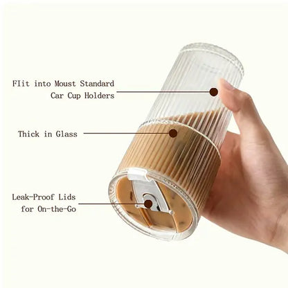 Luxory Glass Cup 18Oz (540Ml) Thickened Ribbed Glass Tumbler Set| with Lids & Straws| for Coffee, Smoothies & More