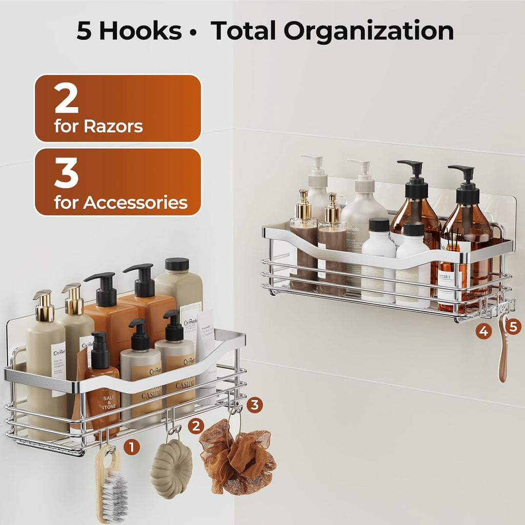 Shower Caddy Basket with Soap Dish Holder and 5 Hooks - Wall-Mounted Adhesive Bathroom Organizer Shelf, Rustproof SUS304 Stainless Steel - Set of 3