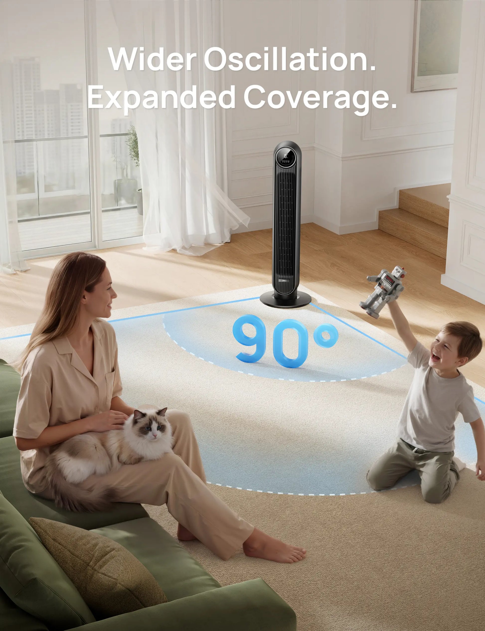Tower Fan for Bedroom, 2026 Upgraded DC Motor, 28Ft/S High Velocity, 20Db Ultra Quiet Standing Fan, 8 Speeds & 4 Modes, 90° Oscillating Bladeless Floor Fan for Indoor Use, with Remote Control, Black