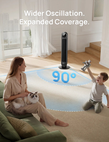 Tower Fan for Bedroom, 2026 Upgraded DC Motor, 28Ft/S High Velocity, 20Db Ultra Quiet Standing Fan, 8 Speeds & 4 Modes, 90° Oscillating Bladeless Floor Fan for Indoor Use, with Remote Control, Black