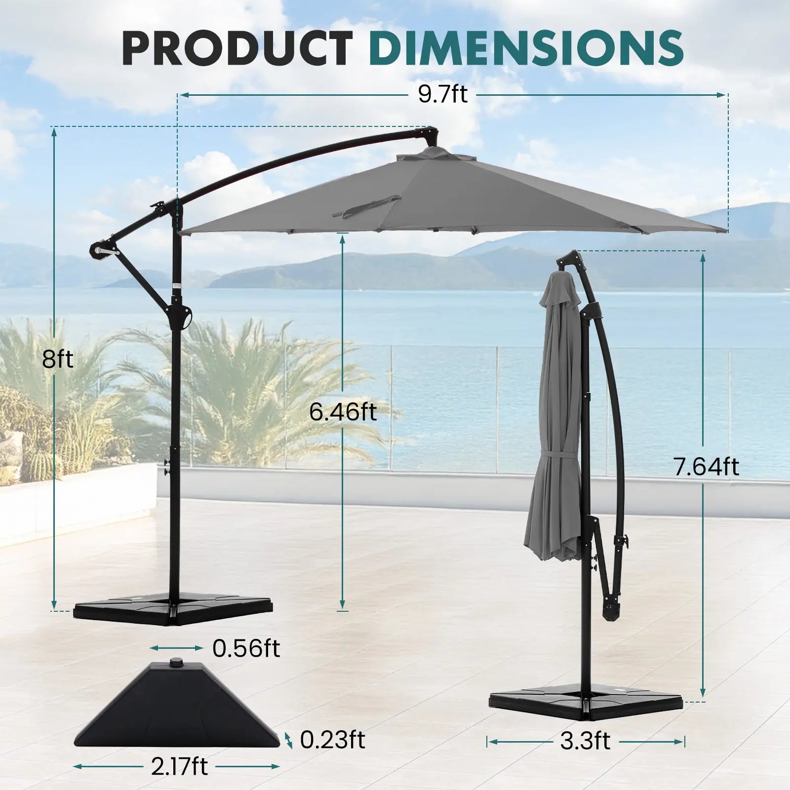 10Ft Offset Outdoor Patio Umbrella with Base, Easy Tilt & Crank, Adjustable Polyester Shade for Garden, Backyard, Poolside
