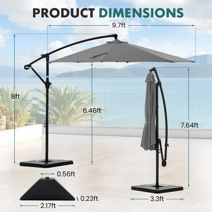10Ft Offset Outdoor Patio Umbrella with Base, Easy Tilt & Crank, Adjustable Polyester Shade for Garden, Backyard, Poolside
