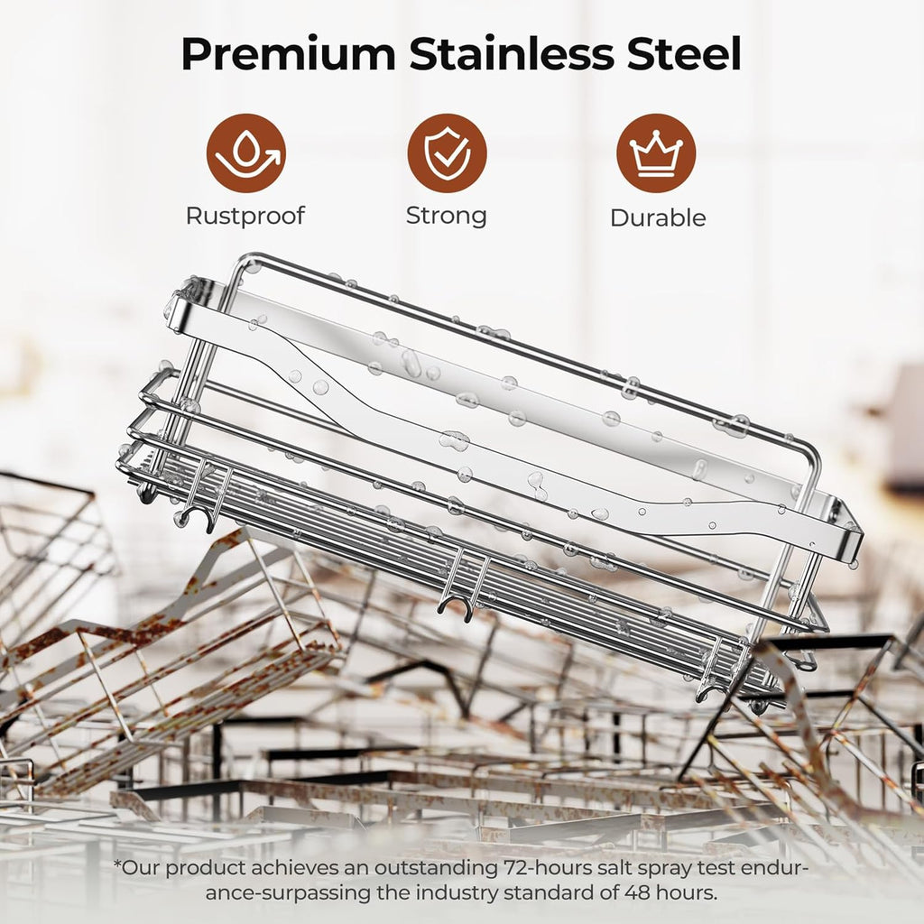 Shower Caddy Basket with Soap Dish Holder and 5 Hooks - Wall-Mounted Adhesive Bathroom Organizer Shelf, Rustproof SUS304 Stainless Steel - Set of 3