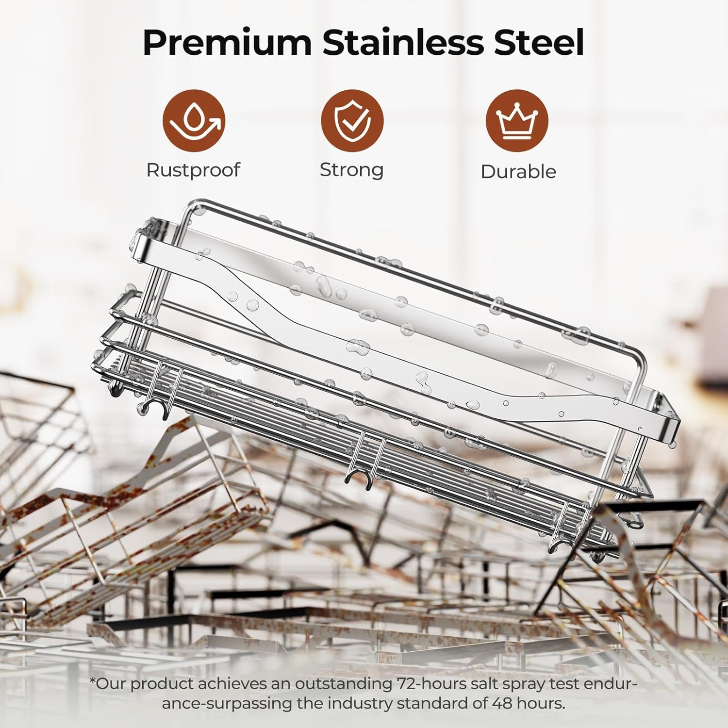Shower Caddy Basket with Soap Dish Holder and 5 Hooks - Wall-Mounted Adhesive Bathroom Organizer Shelf, Rustproof SUS304 Stainless Steel - Set of 3