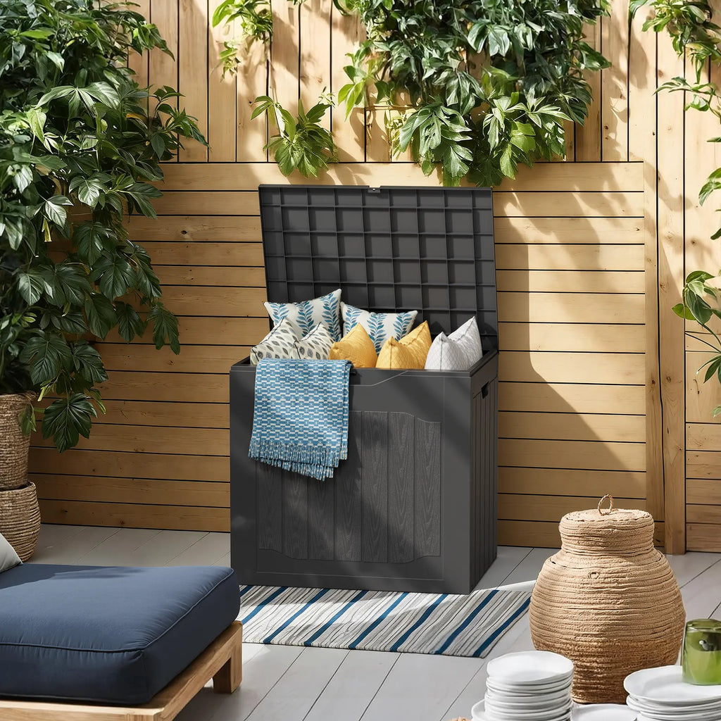  Outdoor Storage Box - Lockable Resin Deck Container with Handles for Patio and Garden (Black & Brown)