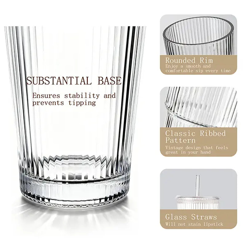 Luxory Glass Cup 18Oz (540Ml) Thickened Ribbed Glass Tumbler Set| with Lids & Straws| for Coffee, Smoothies & More