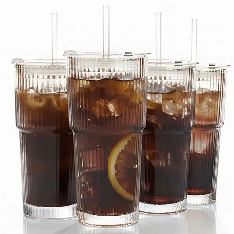 Luxory Glass Cup 18Oz (540Ml) Thickened Ribbed Glass Tumbler Set| with Lids & Straws| for Coffee, Smoothies & More