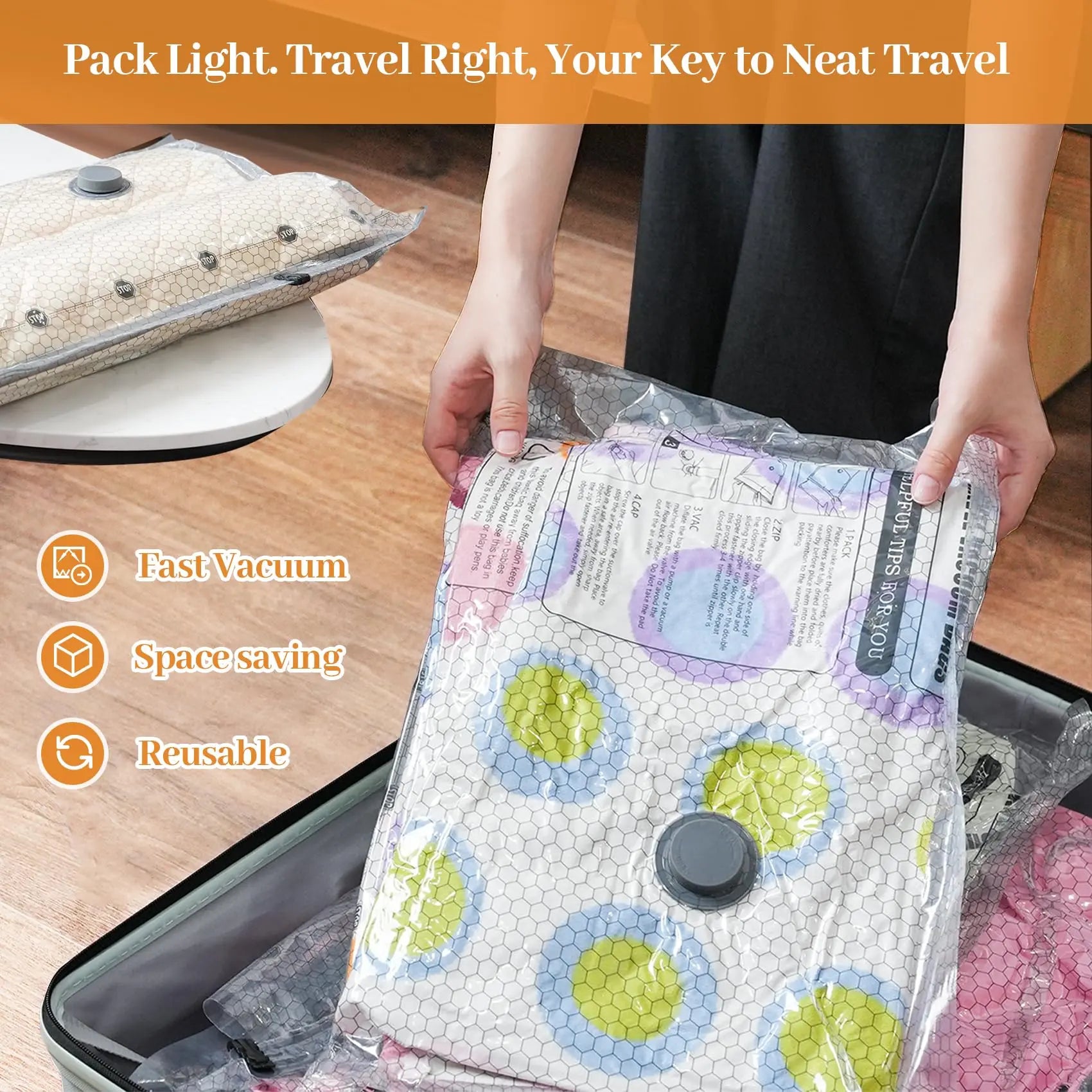 Cordless Travel Vacuum Bag Set Vacuum Bags for Travel with Rechargeable Air Pump, 15 Pack Carry-On Size Compression Packing Bags for Luggage and Suitcase, Space Saver for Clothes and Clothing Travel Zipper Pouches Hands-Free Durable Pouch