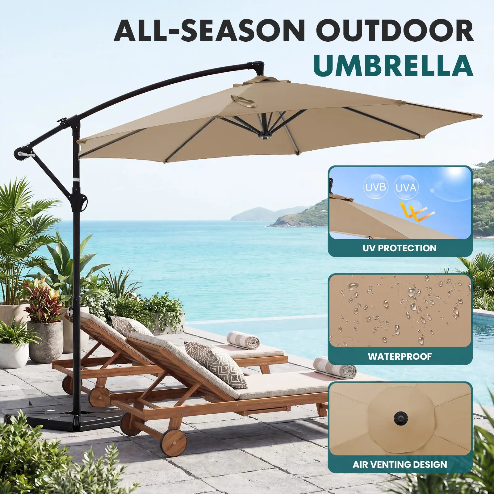 10Ft Offset Outdoor Patio Umbrella with Base, Easy Tilt & Crank, Adjustable Polyester Shade for Garden, Backyard, Poolside