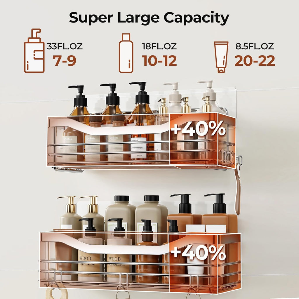 Shower Caddy Basket with Soap Dish Holder and 5 Hooks - Wall-Mounted Adhesive Bathroom Organizer Shelf, Rustproof SUS304 Stainless Steel - Set of 3