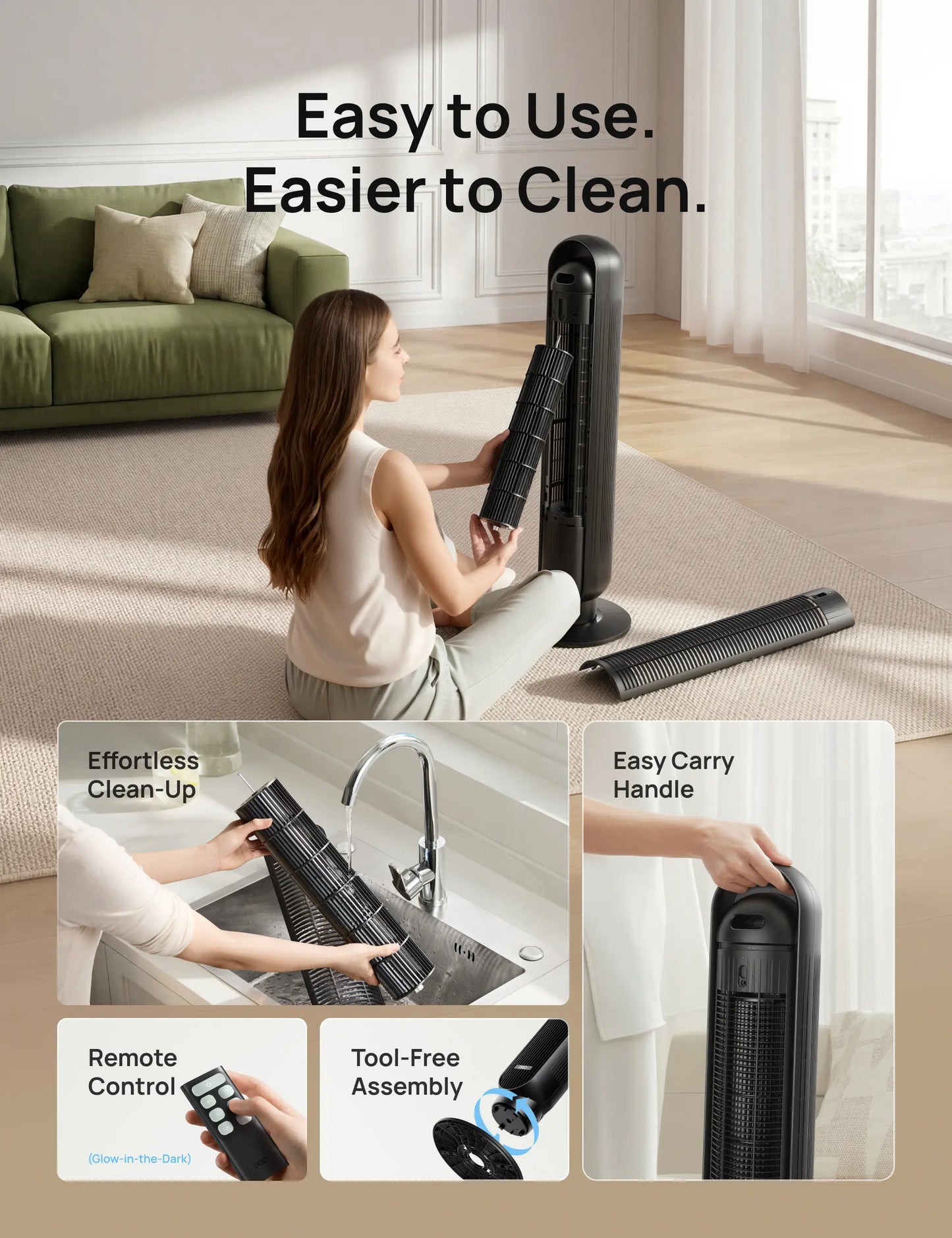 Tower Fan for Bedroom, 2026 Upgraded DC Motor, 28Ft/S High Velocity, 20Db Ultra Quiet Standing Fan, 8 Speeds & 4 Modes, 90° Oscillating Bladeless Floor Fan for Indoor Use, with Remote Control, Black