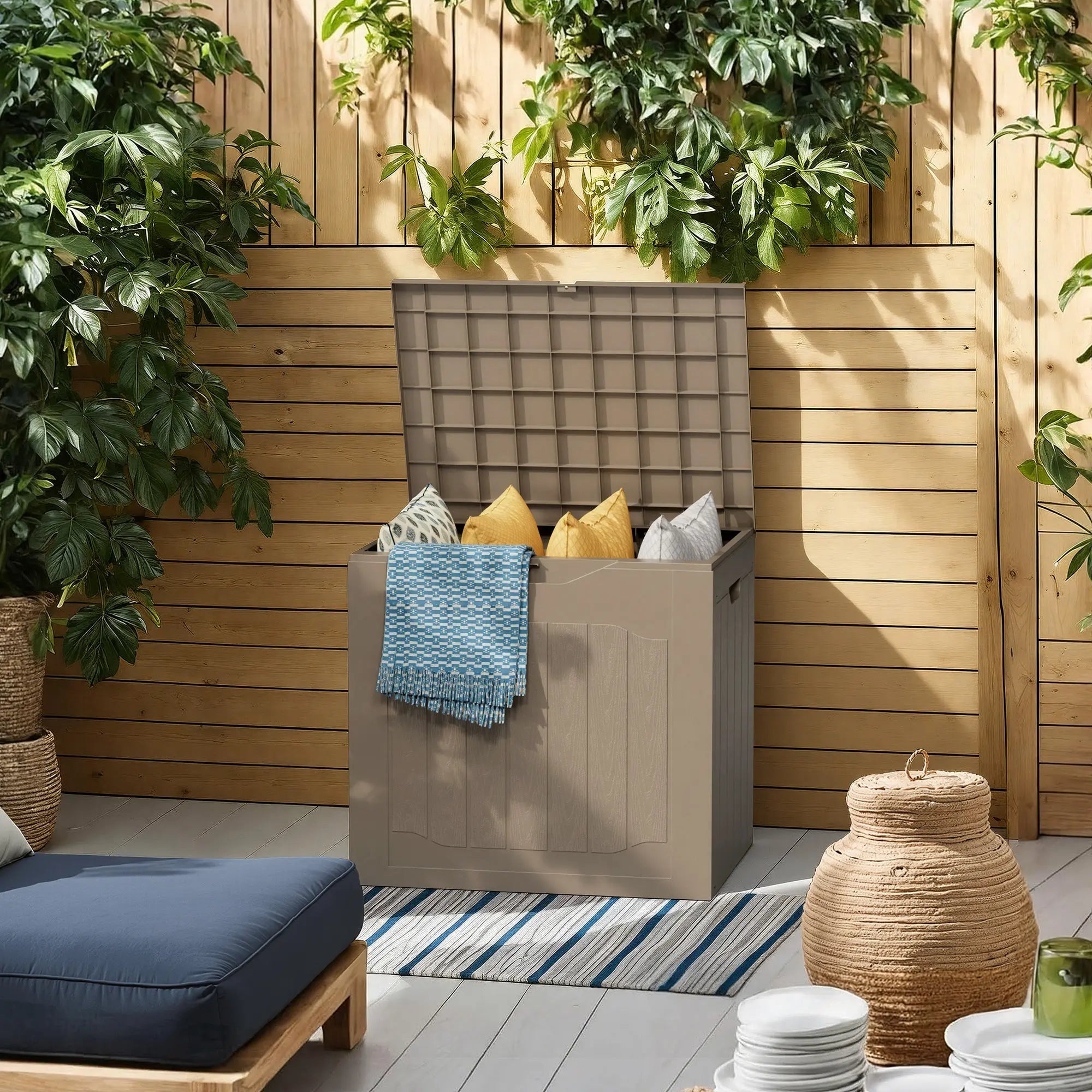  Outdoor Storage Box - Lockable Resin Deck Container with Handles for Patio and Garden (Black & Brown)