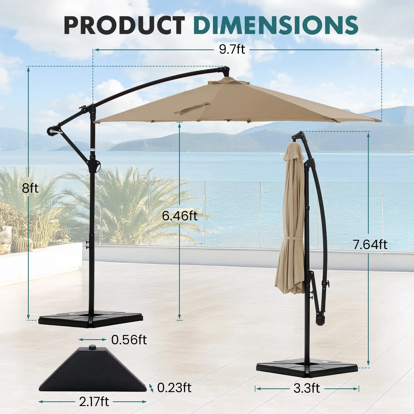 10Ft Offset Outdoor Patio Umbrella with Base, Easy Tilt & Crank, Adjustable Polyester Shade for Garden, Backyard, Poolside