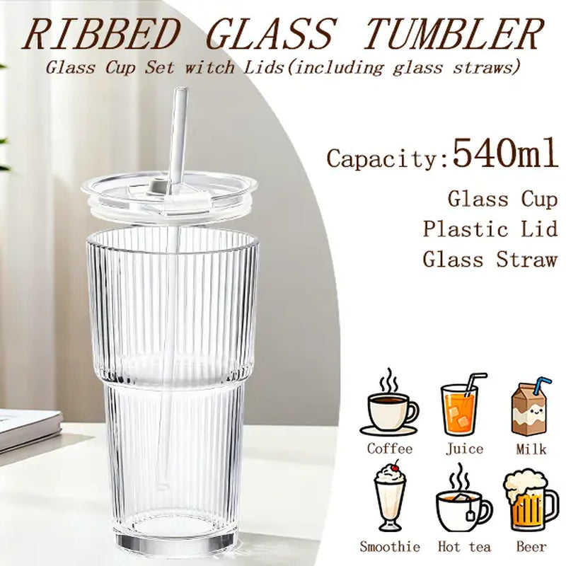 Luxory Glass Cup 18Oz (540Ml) Thickened Ribbed Glass Tumbler Set| with Lids & Straws| for Coffee, Smoothies & More