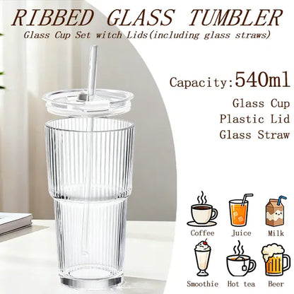 Luxory Glass Cup 18Oz (540Ml) Thickened Ribbed Glass Tumbler Set| with Lids & Straws| for Coffee, Smoothies & More