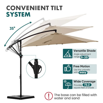 10Ft Offset Outdoor Patio Umbrella with Base, Easy Tilt & Crank, Adjustable Polyester Shade for Garden, Backyard, Poolside