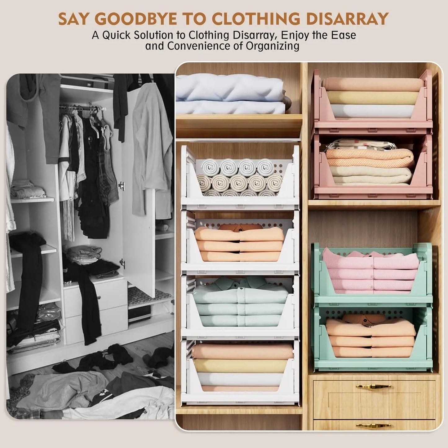 5 Pack Stackable Wardrobe Organizer Baskets, Pull-Out Drawer Design for Clothes, Pantry & Bathroom Organization