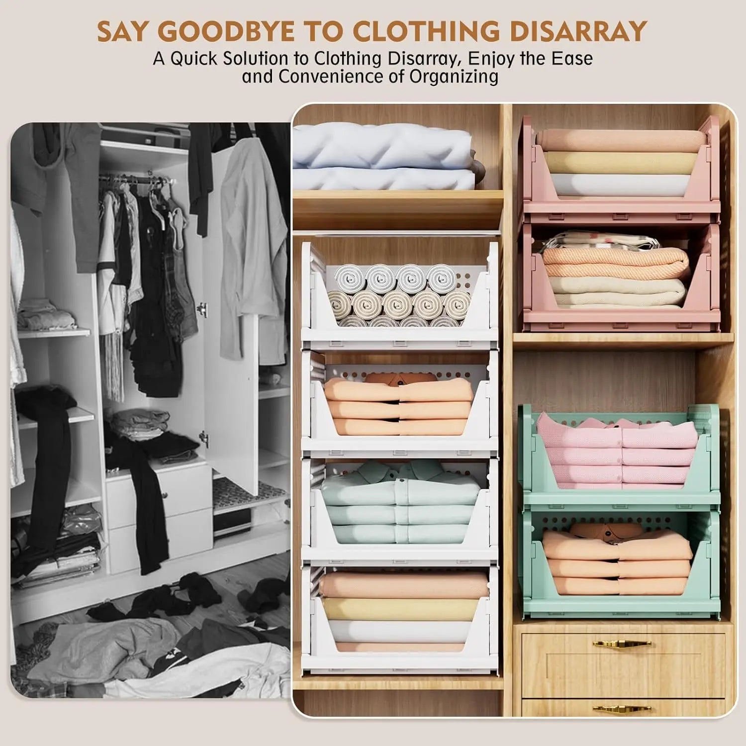5 Pack Stackable Wardrobe Organizer Baskets, Pull-Out Drawer Design for Clothes, Pantry & Bathroom Organization