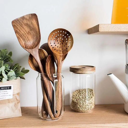 5Piece Premium Wood Kitchenware Set with Ergonomic Handles Purely Natural Eco-Friendly Material- Includes Spoon, Tablespoon and Sauté Spatula