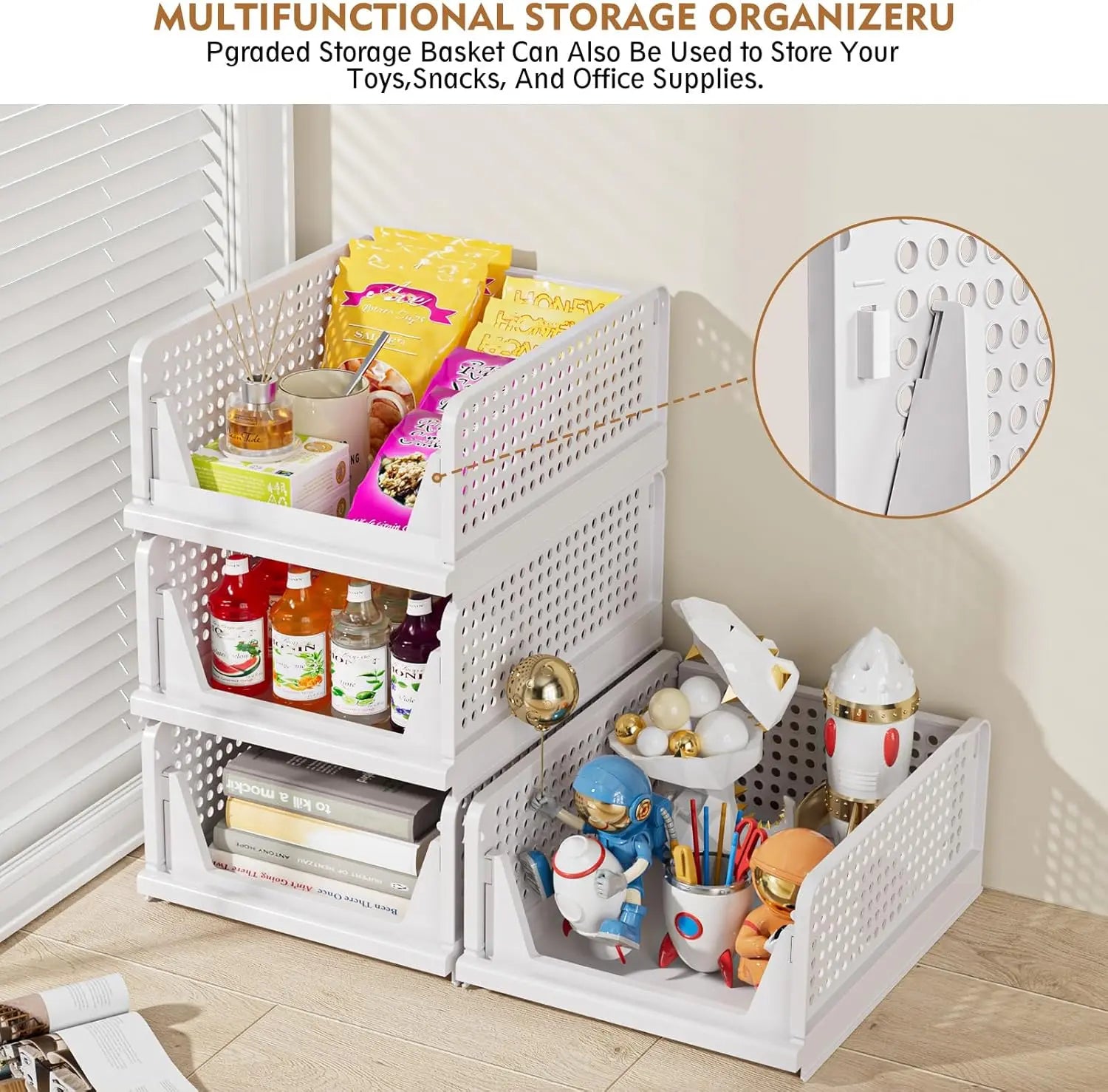 5 Pack Stackable Wardrobe Organizer Baskets, Pull-Out Drawer Design for Clothes, Pantry & Bathroom Organization