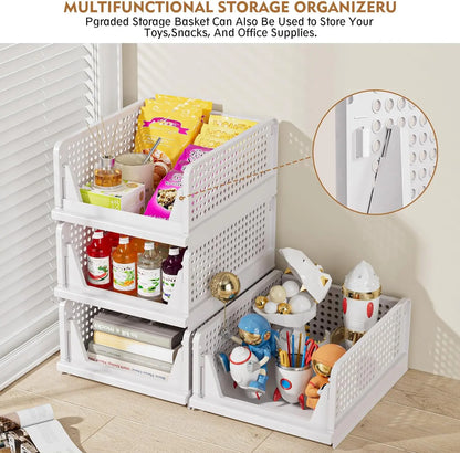 5 Pack Stackable Wardrobe Organizer Baskets, Pull-Out Drawer Design for Clothes, Pantry & Bathroom Organization