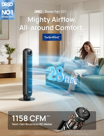 Tower Fan for Bedroom, 2026 Upgraded DC Motor, 28Ft/S High Velocity, 20Db Ultra Quiet Standing Fan, 8 Speeds & 4 Modes, 90° Oscillating Bladeless Floor Fan for Indoor Use, with Remote Control, Black