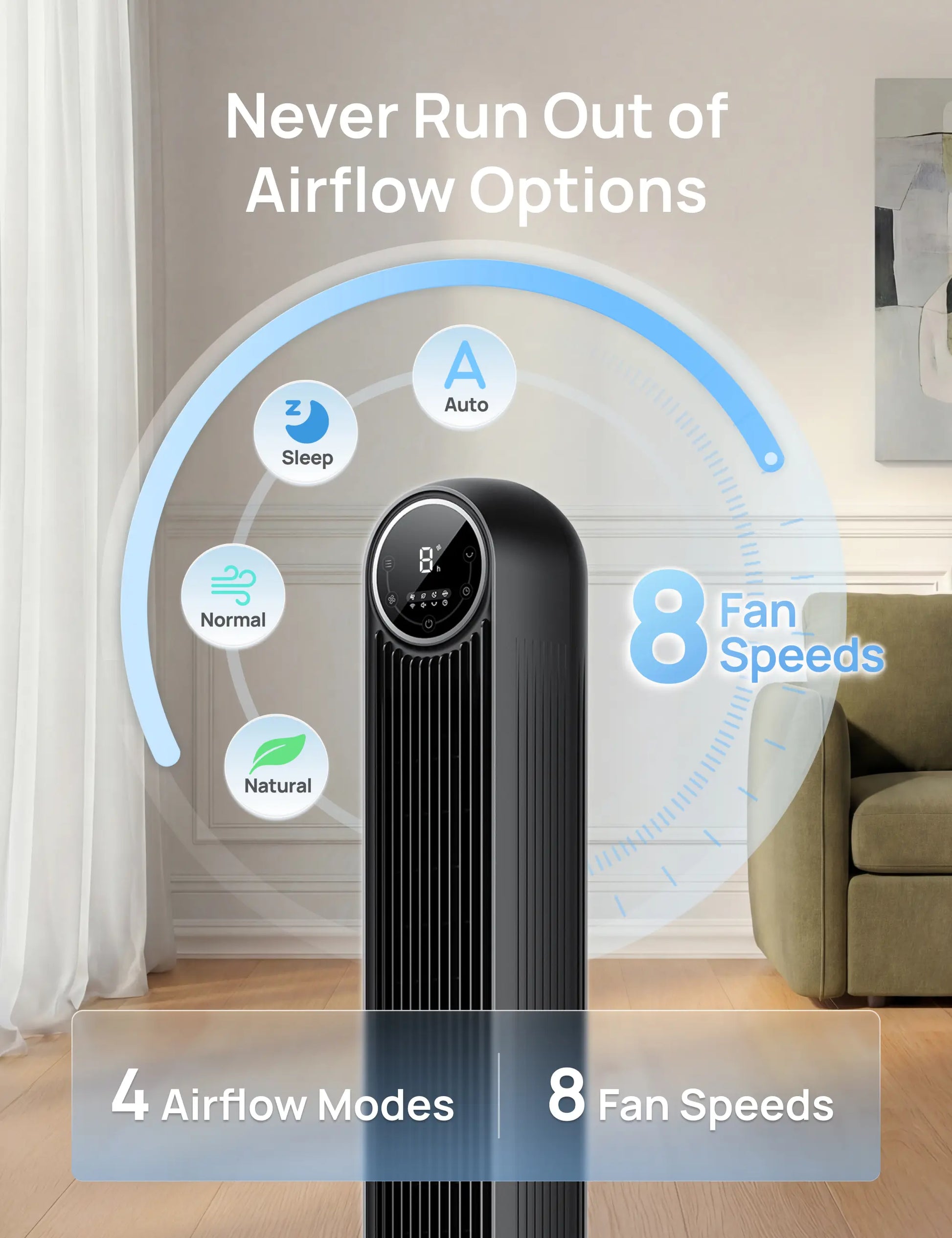 Tower Fan for Bedroom, 2026 Upgraded DC Motor, 28Ft/S High Velocity, 20Db Ultra Quiet Standing Fan, 8 Speeds & 4 Modes, 90° Oscillating Bladeless Floor Fan for Indoor Use, with Remote Control, Black