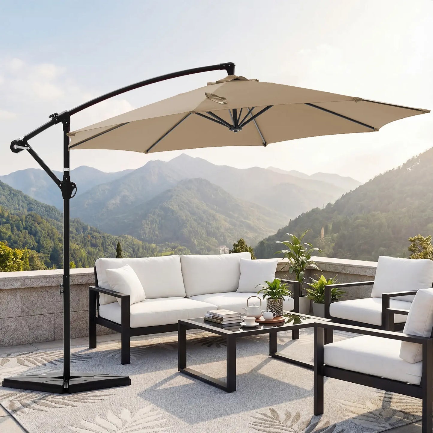 10Ft Offset Outdoor Patio Umbrella with Base, Easy Tilt & Crank, Adjustable Polyester Shade for Garden, Backyard, Poolside