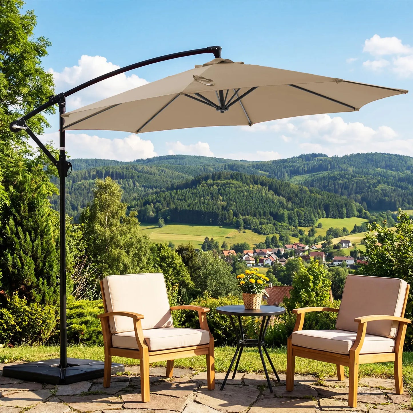 10Ft Offset Outdoor Patio Umbrella with Base, Easy Tilt & Crank, Adjustable Polyester Shade for Garden, Backyard, Poolside