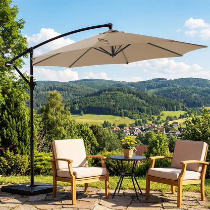 10Ft Offset Outdoor Patio Umbrella with Base, Easy Tilt & Crank, Adjustable Polyester Shade for Garden, Backyard, Poolside