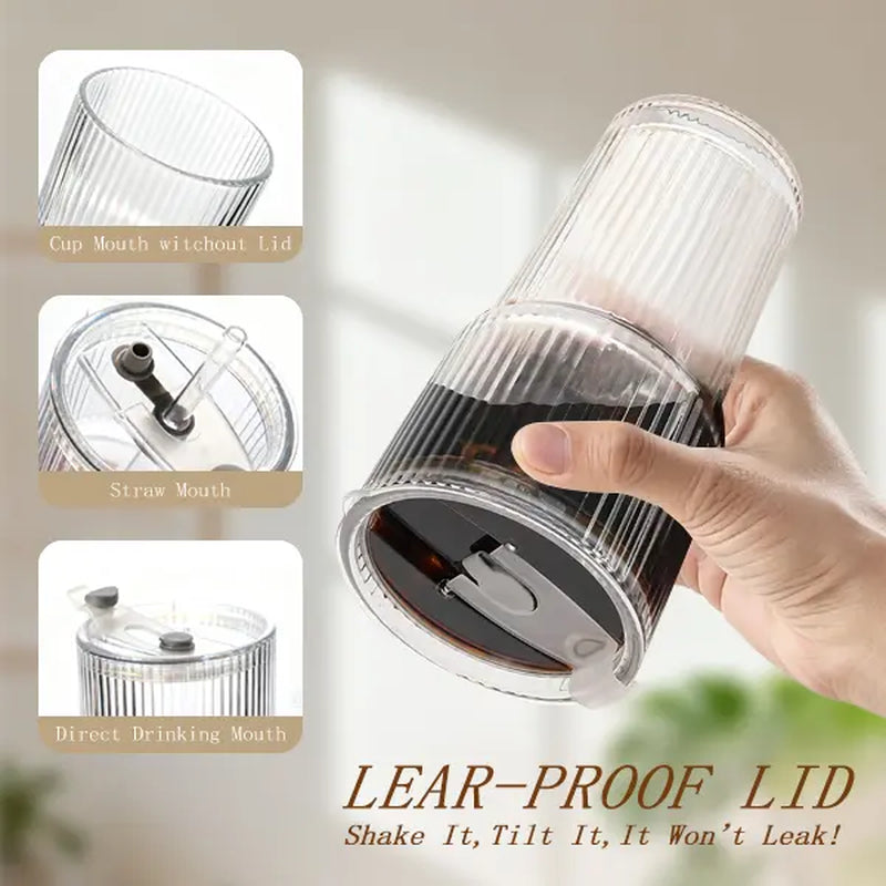 Luxory Glass Cup 18Oz (540Ml) Thickened Ribbed Glass Tumbler Set| with Lids & Straws| for Coffee, Smoothies & More