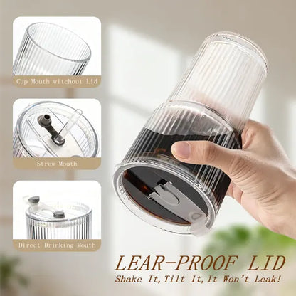 Luxory Glass Cup 18Oz (540Ml) Thickened Ribbed Glass Tumbler Set| with Lids & Straws| for Coffee, Smoothies & More