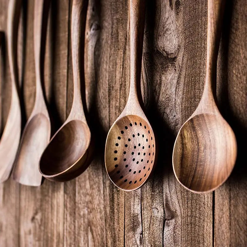 5Piece Premium Wood Kitchenware Set with Ergonomic Handles Purely Natural Eco-Friendly Material- Includes Spoon, Tablespoon and Sauté Spatula