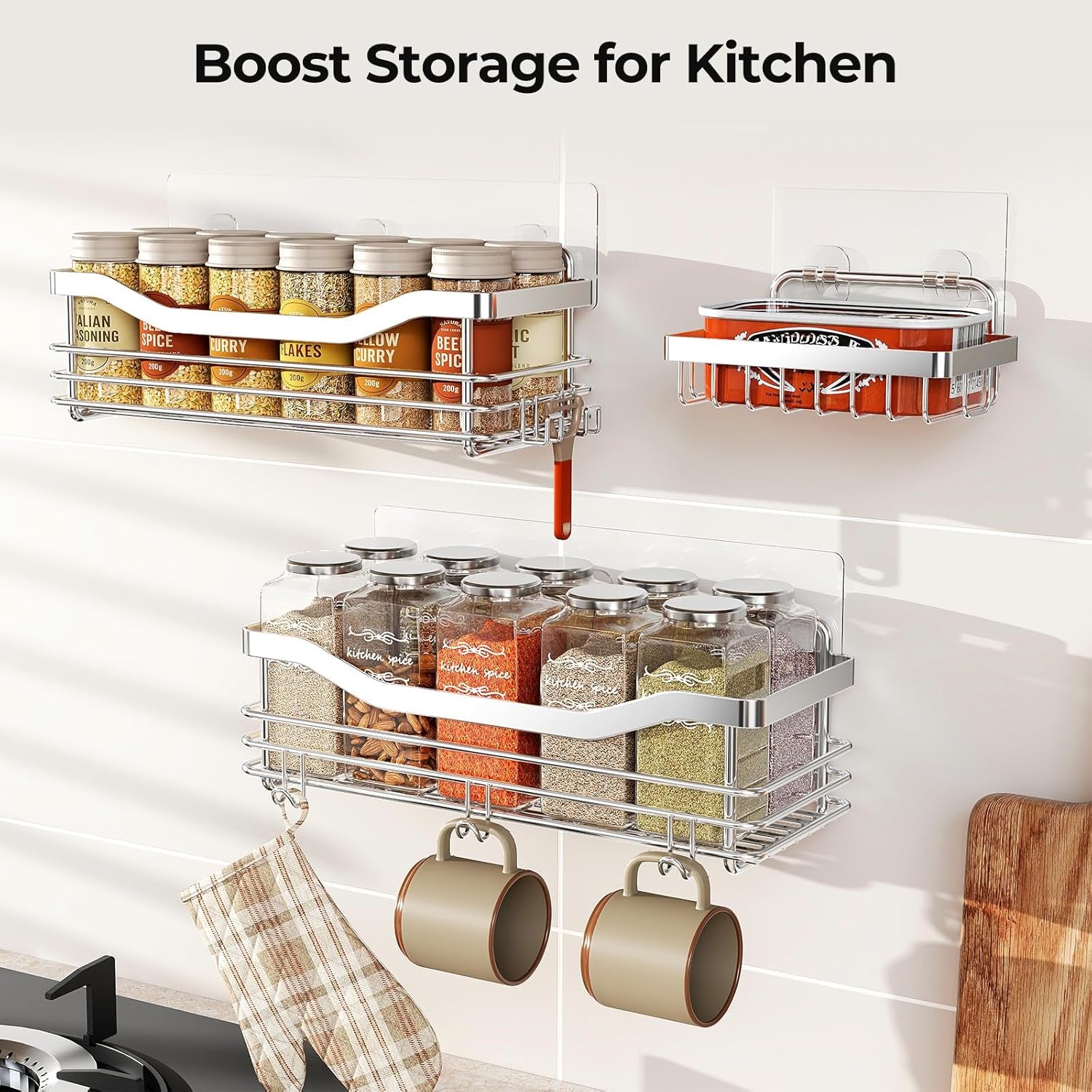 Shower Caddy Basket with Soap Dish Holder and 5 Hooks - Wall-Mounted Adhesive Bathroom Organizer Shelf, Rustproof SUS304 Stainless Steel - Set of 3