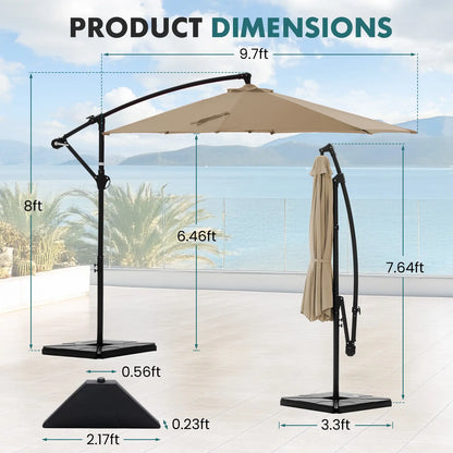 10Ft Offset Outdoor Patio Umbrella with Base, Easy Tilt & Crank, Adjustable Polyester Shade for Garden, Backyard, Poolside