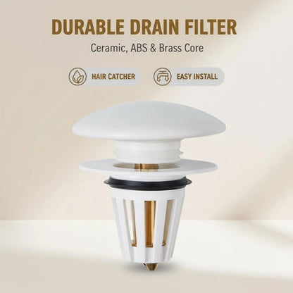 Ceramic Bathroom Sink Stopper Hair Catcher, Universal Pop-Up Sink Drain Filter with Filter Basket, Sink Bounce Stopper