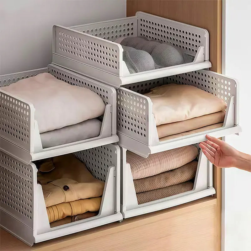 5 Pack Stackable Wardrobe Organizer Baskets, Pull-Out Drawer Design for Clothes, Pantry & Bathroom Organization